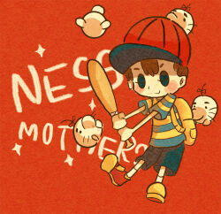 Rule 34 | 1boy, backpack, bag, baseball bat, baseball cap, black shorts, blush stickers, brown bag, brown hair, character name, closed mouth, copyright name, doseisan, eyelashes, full body, hat, holding, holding baseball bat, kumama (amandak), male focus, mother (game), mother 2, ness (mother 2), nintendo, red footwear, red hat, shirt, shorts, socks, solid oval eyes, solo, striped clothes, striped shirt, white socks