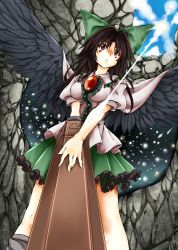 Rule 34 | 1girl, :&lt;, arm cannon, black wings, bow, breasts, brown hair, female focus, frills, from below, hair bow, large wings, long hair, red eyes, reiuji utsuho, shigurio, solo, stone wall, touhou, wall, weapon, wings
