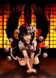 Rule 34 | 1girl, absurdres, all fours, architecture, black hair, black skirt, black thighhighs, black wings, blood, blood from mouth, blood on face, blood stain, cat mask, collared shirt, commentary request, east asian architecture, frilled skirt, frills, full body, handprint, hat, highres, indoors, kyogoku-uru, looking at viewer, mask, nail polish, noose, pom pom (clothes), red eyes, red nails, red ribbon, ribbon, shameimaru aya, shirt, short hair, short sleeves, shouji, skirt, sliding doors, smile, solo, thighhighs, tokin hat, touhou, white background, white shirt, wings