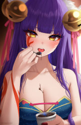 Rule 34 | 1girl, absurdres, bare arms, bare shoulders, blunt bangs, blush, breasts, chocolate, chocolate on body, chocolate on breasts, cleavage, collarbone, commentary request, daji (monster strike), eye focus, food on body, highres, kohanayuki, large breasts, long hair, looking at viewer, monster strike, open mouth, purple hair, solo, spoon, upper body, yellow eyes