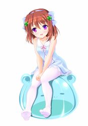 Rule 34 | 1girl, :d, bare arms, bare shoulders, bashen chenyue, between legs, blue bow, blue dress, blue hairband, blush, bow, breasts, brown hair, collarbone, collared dress, dress, hair between eyes, hair bow, hairband, hand between legs, highres, lace, lace-trimmed dress, lace trim, leaning forward, looking at viewer, neck ribbon, no shoes, open mouth, original, pantyhose, purple eyes, ribbon, simple background, sitting, sleeveless, sleeveless dress, small breasts, smile, soles, solo, white background, white pantyhose, yellow ribbon