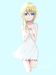 Rule 34 | 1girl, bare shoulders, blonde hair, blue eyes, breasts, closed mouth, collarbone, dress, highres, kingdom hearts, kingdom hearts ii, long hair, looking at viewer, namine, qijx, simple background, smile, solo, white dress