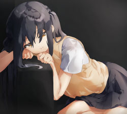 Rule 34 | 1girl, black background, black hair, black skirt, brown eyes, clenched hands, closed mouth, commentary, dark background, hair between eyes, half-closed eyes, head rest, highres, k-on!, long hair, looking down, mint ch, nakano azusa, sad, school uniform, shirt, short sleeves, simple background, sitting, skirt, sleeveless, sleeveless sweater, solo, sweater, sweater vest, tagme, twintails, white shirt, yellow sweater, yellow sweater vest