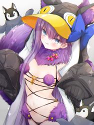 Rule 34 | 1girl, absurdres, animal ears, animal hood, bare shoulders, bird, black jacket, blue bow, blue eyes, blush, bow, breasts, choker, collarbone, cosplay, fate/grand order, fate (series), fur collar, highres, hood, hood up, jacket, licking lips, long hair, long sleeves, looking at viewer, mash kyrielight, mash kyrielight (dangerous beast), mash kyrielight (dangerous beast) (cosplay), meltryllis, meltryllis (fate), meltryllis (swimsuit lancer) (fate), meltryllis (swimsuit lancer) (first ascension) (fate), navel, o-ring, official alternate costume, open clothes, open jacket, penguin, penguin hood, purple hair, revealing clothes, sleeves past fingers, sleeves past wrists, small breasts, smile, tail, tongue, tongue out, touko 56, very long hair, wolf ears, wolf tail