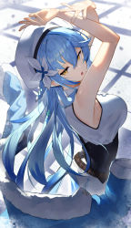 Rule 34 | armpits, arms up, belt, beret, blue eyes, blurry, blurry background, breasts, flower, hair between eyes, hair flower, hair ornament, half updo, hat, highres, hololive, large breasts, long hair, looking at viewer, looking back, pointy ears, scottie (phantom2), solo, virtual youtuber, winter clothes, yellow eyes, yukihana lamy