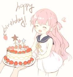 Rule 34 | 1girl, 1other, :d, ^ ^, bare arms, bare shoulders, birthday cake, black sailor collar, blush, brown background, cake, closed eyes, dress, fang, flying sweatdrops, food, fruit, happy birthday, highres, holding, holding plate, katou umi, leilin, long hair, neck ribbon, open mouth, pink hair, plate, ribbon, sailor collar, sailor dress, simple background, sleeveless, sleeveless dress, smile, solo focus, star (symbol), strawberry, summer pockets, two side up, very long hair, white dress, yellow ribbon
