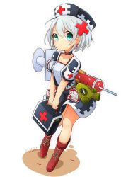 Rule 34 | 1girl, aqua eyes, belt, blood, blood bag, boots, brown footwear, carrying, choker, closed mouth, commentary request, cross, earrings, full body, gas mask, hat, highres, inon, iron cross, jewelry, looking at viewer, mask, nurse cap, original, red cross, short hair, short sleeves, silver hair, simple background, skirt, solo, syringe, twitter username, white background