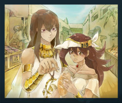 Rule 34 | 1boy, 1girl, bad id, bad pixiv id, bare shoulders, blue sky, blush, bracelet, bread, breasts, brown eyes, brown hair, chewing, choker, closed mouth, cloud, collarbone, commentary request, dark skin, eating, egyptian, facing another, food, hair between eyes, hand up, happy, hat, headwear request, jewelry, long hair, looking at another, looking down, mahado, mana (yu-gi-oh!), necklace, outdoors, road, sasasaka, shirt, short sleeves, sky, sleeveless, smile, standing, street, teacher and student, teacher, teacher and student, usekh collar, yu-gi-oh!, yu-gi-oh! duel monsters