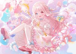 Rule 34 | 1girl, bag, balloon, blue bow, blue eyes, bow, box, cloud, crescent, dress, frilled dress, frilled thighhighs, frills, gift, gift box, gradient hair, hair bow, hair ornament, handbag, happy birthday, heterochromia, holding, holding wand, indie virtual youtuber, light brown hair, long hair, looking at viewer, m ydayo, multicolored hair, pink bag, pink bow, pink footwear, pink hair, puffy sleeves, purple sky, red eyes, round teeth, sky, solo, star-shaped pupils, star (symbol), star balloon, star hair ornament, star print, striped, striped bow, symbol-shaped pupils, teeth, thighhighs, tongue, transparent, upper teeth only, very long hair, virtual youtuber, wand, white dress, white thighhighs