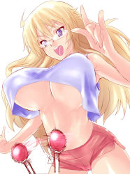 Rule 34 | 10s, 1girl, :d, \m/, bad id, bad pixiv id, ben-tou, blonde hair, breasts, controller, dodai shouji, dolphin shorts, glasses, highres, huge breasts, joystick, long hair, micro shorts, no bra, open mouth, purple eyes, shaga ayame, short shorts, shorts, simple background, smile, solo, underboob