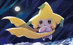 Rule 34 | closed mouth, creature, creatures (company), floating, full body, game freak, gen 3 pokemon, hyogonosuke, jirachi, legendary pokemon, mythical pokemon, night, night sky, nintendo, no humans, official art, pokemon, pokemon (creature), pokemon tcg, sky, solo, star (sky), starry sky, third-party source