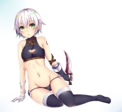Rule 34 | 1girl, :o, arm strap, arm support, bandaged hand, bandages, bare shoulders, belt, black gloves, black panties, black thighhighs, blonde hair, breasts, brown belt, buckle, cameltoe, cleavage, cleavage cutout, clothing cutout, collarbone, dagger, facial scar, fate/grand order, fate (series), fingerless gloves, full body, gloves, gluteal fold, gradient background, green eyes, green hair, groin, hair between eyes, halterneck, highres, holding, holding knife, holding weapon, huruneko1014, jack the ripper (fate/apocrypha), knife, looking at viewer, lowleg, lowleg panties, midriff, multicolored hair, navel, no shoes, panties, pink hair, reverse grip, scar, scar on cheek, scar on face, shadow, short hair, silver hair, single glove, sitting, small breasts, solo, stomach, tattoo, thigh gap, thighhighs, torn clothes, underwear, weapon, white background, yokozuwari