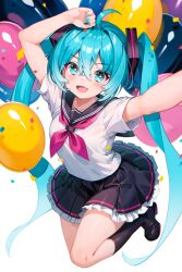 Rule 34 | 1girl, absurdres, ahoge, aqua eyes, aqua hair, aqua nails, balloon, black footwear, black sailor collar, black skirt, boots, breasts, bright pupils, chinese commentary, commentary request, confetti, excited, frilled skirt, frills, full body, hair between eyes, hatsune miku, highres, jumping, long hair, looking at viewer, looking up, medium breasts, nail polish, neckerchief, open mouth, pink neckerchief, pleated skirt, sailor collar, shirt, short sleeves, sidelocks, simple background, skirt, solo, thigh boots, twintails, very long hair, vocaloid, white background, white pupils, white shirt, zhengqi zhizi sg