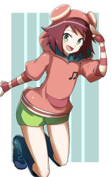 Rule 34 | 1girl, :d, boots, elbow gloves, fingerless gloves, full body, gin moku, gloves, green eyes, highres, hood, hoodie, looking at viewer, mega man (series), mega man star force, musical note, open mouth, pink hair, short hair, shorts, simple background, smile, solo, sonia strumm (mega man)