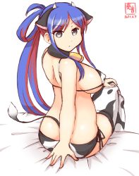 Rule 34 | 1girl, alternate costume, animal ears, animal print, artist logo, bed, bell, bikini, black eyes, blue hair, breasts, commentary request, cow ears, cow horns, cow print, cow tail, cowbell, dated, fake animal ears, fake horns, from behind, highres, horns, kanon (kurogane knights), kantai collection, large breasts, long hair, looking at viewer, looking back, multicolored hair, one-hour drawing challenge, ponytail, red hair, side-tie bikini bottom, simple background, sitting, solo, south dakota (kancolle), star (symbol), swimsuit, tail, white background, white bikini, white hair, white legwear