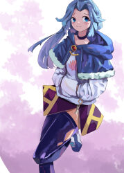 Rule 34 | 1girl, adapted costume, black thighhighs, blue capelet, blue hair, capelet, commentary, english commentary, fur trim, highres, hood, hoodie, kumoi ichirin, long hair, ponytail, solo, thighhighs, touhou, vanilla flan, white hoodie