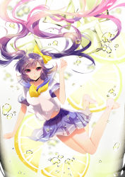 Rule 34 | 1girl, air bubble, blue skirt, bow, bubble, cup, drinking glass, floating hair, food, fruit, full body, hair bow, knees together feet apart, lemon, lemon slice, long hair, looking at viewer, mimosa, mini person, minigirl, neckerchief, original, parted lips, pink eyes, purple hair, school uniform, serafuku, short sleeves, skirt, solo, submerged, thighs, twintails, yellow bow, yellow neckerchief