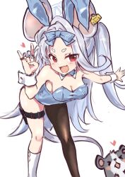 Rule 34 | 1girl, alternate costume, animal ears, black pantyhose, blue archive, blue bow, blue bowtie, blue halo, blue leotard, blush, bow, bowtie, breasts, cleavage, commentary request, detached collar, ear tag, fake animal ears, fang, feet out of frame, fox shadow puppet, grey hair, hair bow, halo, heart, highres, holster, kneehighs, kurosaki kousuke, leaning forward, leotard, long hair, medium breasts, mouse (animal), mouse girl, nezusuke (blue archive), open mouth, pantyhose, rabbit ears, red eyes, saya (blue archive), simple background, single leg pantyhose, skin fang, socks, solo, standing, thick eyebrows, thigh holster, very long hair, white background, white socks, wrist cuffs