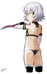 Rule 34 | 1girl, absurdres, ass, bare shoulders, black panties, black thighhighs, breasts, butt crack, fate/apocrypha, fate/grand order, fate (series), from behind, green eyes, grey hair, highres, jack the ripper (fate/apocrypha), looking at viewer, looking back, mr.thunderigor, panties, scar, scar across eye, scar on face, signature, simple background, small breasts, solo, standing, thighhighs, underwear, white background