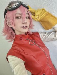 Rule 34 | cosplay, flcl, gloves, goggles, goggles on head, haruhara haruko, haruhara haruko (cosplay), highres, photo (medium), pink hair, tagme