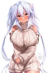 Rule 34 | 1girl, alternate costume, artist name, blush, breast press, breasts, brown eyes, brown sweater, closed mouth, dark-skinned female, dark skin, dated, detached sleeves, eyelashes, female focus, glasses, grey hair, hair ornament, highres, jewelry, kantai collection, large breasts, long hair, looking at viewer, mashiro yukiya, musashi (kancolle), off shoulder, ring, simple background, standing, sweater, thighs, twintails, upper body, very long hair, wedding ring, white background