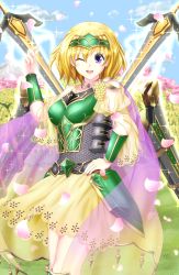 Rule 34 | 1girl, ;d, acacia (flower knight girl), armor, armored dress, bad id, bad pixiv id, blonde hair, cape, choker, circlet, cowboy shot, flower knight girl, green armor, hand on own hip, highres, looking at viewer, one eye closed, open mouth, petals, purple eyes, short hair, skirt, smile, solo, sword, tks (tksmk3), weapon, yellow skirt