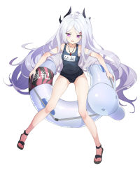 Rule 34 | 1girl, ahoge, bare arms, bare legs, black footwear, blue archive, blue one-piece swimsuit, breasts, commentary request, deatheach, full body, hair ornament, hairclip, highres, hina (blue archive), hina (swimsuit) (blue archive), horns, innertube, long hair, multiple horns, name tag, one-piece swimsuit, open mouth, parted bangs, purple eyes, sandals, school swimsuit, silver hair, simple background, sitting, small breasts, solo, sweatdrop, swim ring, swimsuit, very long hair, whistle, whistle around neck, white background