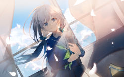 Rule 34 | 1girl, closed mouth, collarbone, grey hair, hair between eyes, highres, holding, long hair, long sleeves, looking at viewer, low twintails, original, petals, school uniform, shaded face, skirt, sky, smile, solo, standing, sunlight, tatsumi3, twintails, wind, window