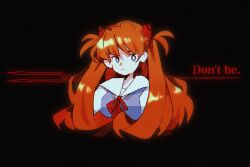 Rule 34 | 1girl, bident, black background, blue eyes, bright pupils, closed mouth, commentary, cropped torso, english commentary, hairpods, highres, kitchupsandwich, lance of longinus (evangelion), long hair, looking at viewer, neon genesis evangelion, orange hair, polearm, red ribbon, ribbon, sailor collar, school uniform, simple background, solo, souryuu asuka langley, tokyo-3 middle school uniform, white pupils