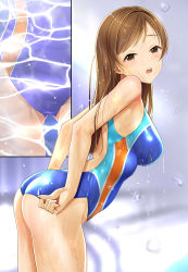 Rule 34 | 1girl, adjusting clothes, adjusting swimsuit, ass, bare shoulders, blush, breasts, brown eyes, brown hair, competition swimsuit, highres, idolmaster, idolmaster cinderella girls, inset, long hair, looking at viewer, medium breasts, mk (mod0), multiple views, nitta minami, one-piece swimsuit, open mouth, standing, swimsuit, water, wet