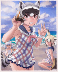 Rule 34 | 3girls, absurdres, animal, animal ear fluff, animal ears, armpits, bare arms, bare shoulders, beach, black hair, blonde hair, crab, crab-eating raccoon (kemono friends), day, extra ears, fang, fox ears, fox girl, fox tail, frills, grey hair, grin, hands up, hat, highres, hikari (kemono friends), holding, holding animal, horizon, jewelry, kemono friends, kemono friends 3, leaning forward, looking at viewer, medium hair, multicolored hair, multiple girls, ocean, one-piece swimsuit, open mouth, orange eyes, outdoors, parted lips, pendant, raccoon ears, raccoon girl, raccoon tail, rueppell&#039;s fox (kemono friends), sand, scrunchie, sitting, smile, swimsuit, tail, toriny, v, wariza, water, white hair, wrist scrunchie