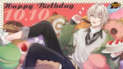 Rule 34 | 1boy, cake, copyright name, copyright notice, earrings, eating, food, fruit, green jacket, grey necktie, hair between eyes, happy birthday, heart, highres, holding, holding cake, holding food, ishihara usumi, jacket, jewelry, logo, looking at viewer, mahjong, mahjong soul, mahjong tile, necktie, official art, osanai mei (artist), shoes, sitting, sneakers, strawberry, strawberry shortcake, tongue, tongue out, white footwear, white hair, yellow eyes, yostar