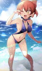 Rule 34 | 1girl, absurdres, barefoot, beach, blue one-piece swimsuit, blue sky, blurry, blurry background, bow, breasts, cloud, cloudy sky, commentary, day, fang, gegege no kitarou, hair bow, hakama, halterneck, highres, horizon, japanese clothes, leaning forward, looking to the side, medium breasts, mitsuki tayura, navel, nekomusume, nekomusume (gegege no kitarou 5), o-ring, o-ring swimsuit, ocean, one-piece swimsuit, one eye closed, open mouth, outdoors, pink bow, pointy ears, red hakama, short hair, sky, slingshot swimsuit, smile, solo, splashing, standing, swimsuit, water drop, yellow eyes