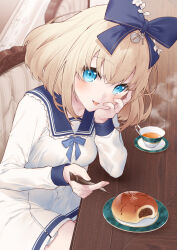 Rule 34 | :p, anpan, blonde hair, blue bow, blue eyes, blue sailor collar, blush, bow, breasts, commentary request, cup, dress, food, hair between eyes, hair bow, heart, holding, key, keyhole, long sleeves, looking at viewer, medium breasts, original, parted lips, pleated dress, puffy long sleeves, puffy sleeves, sailor collar, sailor dress, saucer, smile, solo, table, teacup, tokuno yuika, tongue, tongue out, white dress