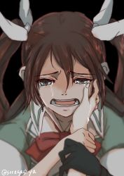 Rule 34 | 10s, 1girl, bad id, bad pixiv id, black eyes, boushi-ya, brown hair, crying, crying with eyes open, hair ribbon, holding hands, hand on another&#039;s cheek, hand on another&#039;s face, kantai collection, looking at viewer, open mouth, pov, ribbon, streaming tears, tears, tone (kancolle), twintails