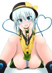 Rule 34 | 1girl, bad id, bad pixiv id, bare legs, blue eyes, blush, casual peeing, gisyo, green hair, hands on own face, happy peeing, hat, heart, heart of string, highres, komeiji koishi, open mouth, panties, pantyshot, pee, peeing, peeing self, public indecency, purposeful wetting, short hair, sitting, smile, solo, striped clothes, striped panties, third eye, touhou, underwear, wet, wet clothes, wet panties