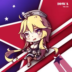 Rule 34 | 10s, 1girl, american flag legwear, asymmetrical legwear, blonde hair, breasts, cleavage, elbow gloves, flag print, front-tie top, garter straps, gloves, hair between eyes, headgear, iowa (kancolle), kantai collection, large breasts, long hair, miniskirt, mismatched legwear, pxlily, skirt, solo, star-shaped pupils, star (symbol), striped clothes, striped thighhighs, symbol-shaped pupils, thighhighs, vertical-striped clothes, vertical-striped thighhighs