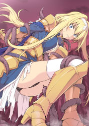 Rule 34 | 1girl, alice zuberg, armor, armored boots, arms behind back, black panties, blonde hair, blue eyes, boots, braid, commentary, dress, gauntlets, gold armor, hair intakes, hairband, high heel boots, high heels, long hair, looking at viewer, panties, restrained, shiseki hirame, solo, sword art online, sword art online: alicization, tentacles, thighhighs, thighs, torn clothes, torn dress, underwear, very long hair, white hairband, white thighhighs