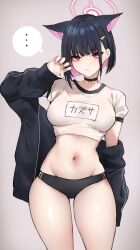 Rule 34 | ..., 1girl, alternate costume, animal ears, black buruma, black choker, black hair, black jacket, blue archive, bob cut, breasts, buruma, cat choker, cat ears, choker, claw pose, closed mouth, colored inner hair, crop top, danimaru, extra ears, fingernails, gradient background, grey background, groin, gym uniform, hair ornament, hairclip, halo, highres, jacket, jacket partially removed, kazusa (blue archive), long sleeves, looking at viewer, midriff, multicolored hair, name tag, navel, pink eyes, pink hair, red eyes, shirt, short hair, short sleeves, sleeves past wrists, solo, speech bubble, spoken ellipsis, stomach, sweatdrop, thighs, two-tone hair, white shirt