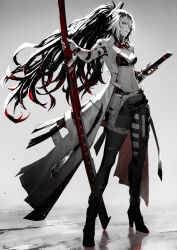 Rule 34 | 1girl, alpha (punishing: gray raven), asymmetrical legwear, bra, breasts, from side, full body, greyscale, hair over eyes, high heels, high ponytail, highres, holding, holding sword, holding weapon, jacket, katana, long hair, lucia: crimson weave (punishing: gray raven), mechanical arms, medium breasts, midriff, monochrome, navel, open clothes, open jacket, punishing: gray raven, scabbard, sheath, sheathed, solo, spot color, sword, underwear, very long hair, weapon, yoshi (j contrast)