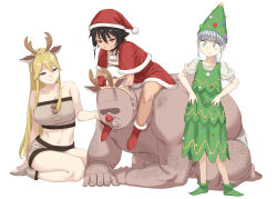 Rule 34 | 1boy, 3girls, absurdres, animal ears, antlers, arm hair, black hair, blonde hair, blue eyes, body hair, breasts, capelet, christmas, christmas tree costume, deer ears, dress, fake animal ears, fat, fat man, full body, fur-trimmed dress, fur-trimmed headwear, fur trim, gloves, green dress, grey eyes, grey hair, hat, highres, horns, large breasts, long hair, looking at another, lulu (pastime774), multiple girls, navel, original, pastime774, pom pom (clothes), red capelet, red dress, red eyes, red gloves, red headwear, reindeer antlers, santa costume, santa hat, seiza, short sleeves, simple background, sitting, sitting on person, very long hair, white background