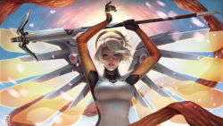 Rule 34 | 1girl, armor, arms up, artist name, black gloves, blonde hair, blue eyes, bodysuit, breastplate, breasts, eyelashes, gloves, halo, headgear, high collar, highres, holding, holding staff, light rays, lipstick, long sleeves, looking at viewer, makeup, mechanical halo, mechanical wings, medium breasts, mercy (overwatch), nose, overwatch, overwatch 1, parted lips, petals, pink lips, ponytail, serafleur, short hair, signature, skin tight, sky, smile, solo, spread wings, staff, sun, sunlight, teeth, turtleneck, upper body, watermark, weapon, web address, wings, yellow wings