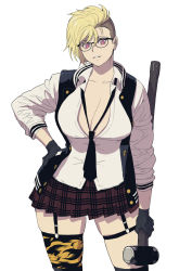 Rule 34 | 1girl, asymmetrical hair, asymmetrical legwear, blonde hair, breasts, butcherboy, cleavage, collarbone, contrapposto, cowboy shot, garter straps, glasses, gloves, hair between eyes, hammer, hand on own hip, holding, jacket, large breasts, letterman jacket, looking at viewer, necktie, open clothes, open shirt, original, parted lips, pink eyes, plaid, plaid skirt, pleated skirt, shirt, skirt, sledgehammer, solo, teeth, thighhighs, undercut, uneven legwear, white background, white shirt
