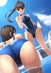 Rule 34 | 2girls, ass, bent over, black hair, blunt bangs, blush, brown eyes, competition swimsuit, eto, highres, long hair, looking back, md5 mismatch, multiple girls, one-piece swimsuit, original, ponytail, resized, resolution mismatch, smile, source larger, stopwatch, swimsuit, watch, wet