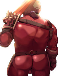 Rule 34 | 1boy, absurdres, armor, ass, ass focus, bara, bare back, brown hair, chest harness, colored skin, feet out of frame, from behind, harness, highres, leather, male focus, medium hair, muscular, muscular male, no male underwear, orangetaming, orgus (f-kare), over shoulder, pauldrons, red skin, revealing clothes, shiny skin, shoukan yuusha to f-kei kareshi, shoulder armor, single pauldron, solo, sword, sword over shoulder, testicle peek, thick thighs, thighs, weapon, weapon over shoulder