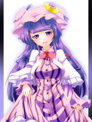 Rule 34 | 1girl, blush, breasts, capalet, capelet, crescent, dress, hair ribbon, hat, large breasts, long hair, long sleeves, open mouth, patchouli knowledge, purple eyes, purple hair, ribbon, santa (kaisou hikuutei), solo, touhou