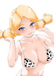 Rule 34 | 1girl, absurdres, animal print, bikini, blonde hair, blue eyes, blush, breasts, cleavage, collarbone, cow print, cowgirl (pokemon), creatures (company), game freak, hair lift, hair tie, hands up, highres, large breasts, looking at viewer, micro bikini, navel, nintendo, no headwear, open mouth, pokemon, pokemon dppt, simple background, skindentation, smile, solo, swimsuit, toba tsutsumi, twintails, upper body, white background