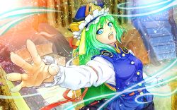 Rule 34 | 1girl, blue eyes, chair, epaulettes, fingernails, green hair, hat, hat ribbon, light particles, light trail, long sleeves, looking at viewer, open mouth, outstretched arm, reaching, reaching towards viewer, ribbon, ribbon-trimmed skirt, ribbon trim, shiki eiki, shikitsuki, short hair, skirt, solo, stairs, touhou, vest
