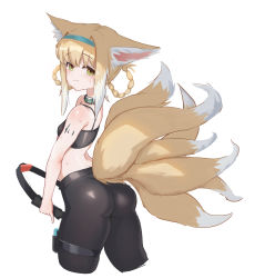 Rule 34 | 1girl, absurdres, alternate costume, animal ear fluff, animal ears, arknights, ass, bare arms, bare shoulders, black pants, blonde hair, blue hairband, blush, breasts, cleavage, collar, cropped legs, fox ears, fox girl, fox tail, from behind, green eyes, hair rings, hairband, highres, holding, iiii, infection monitor (arknights), leaning forward, looking at viewer, looking back, material growth, multicolored hair, multiple tails, oripathy lesion (arknights), pants, ring-con, sidelocks, simple background, small breasts, smile, solo, sports bra, suzuran (arknights), sweat, tail, thick thighs, thigh strap, thighs, two-tone hair, white background, white hair, yoga pants