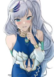 Rule 34 | 1girl, absurdres, blush, braid, breasts, byeon dha, feathers, hair ornament, highres, hololive, hololive indonesia, large breasts, long hair, looking at viewer, open mouth, pavolia reine, side ponytail, silver hair, smile, solo, virtual youtuber